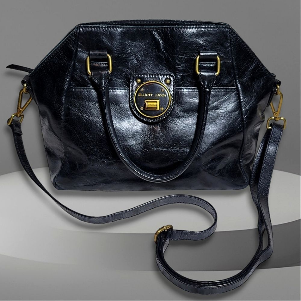 Elliott Lucca Leather Black Turn Lock Satchel Handbag